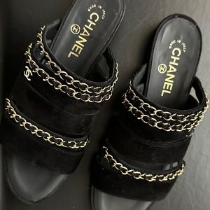 CHANEL Suede Chain Mule Sandals